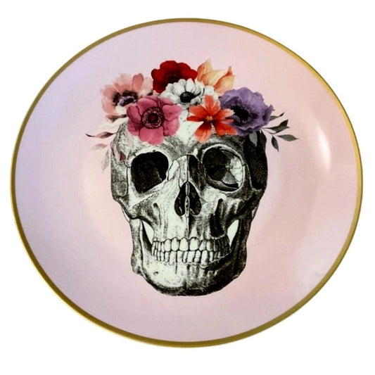 NEW Pink Rose Skull Plates Porcelain Salad Dessert Appetizer Set Of 4 for Halloween