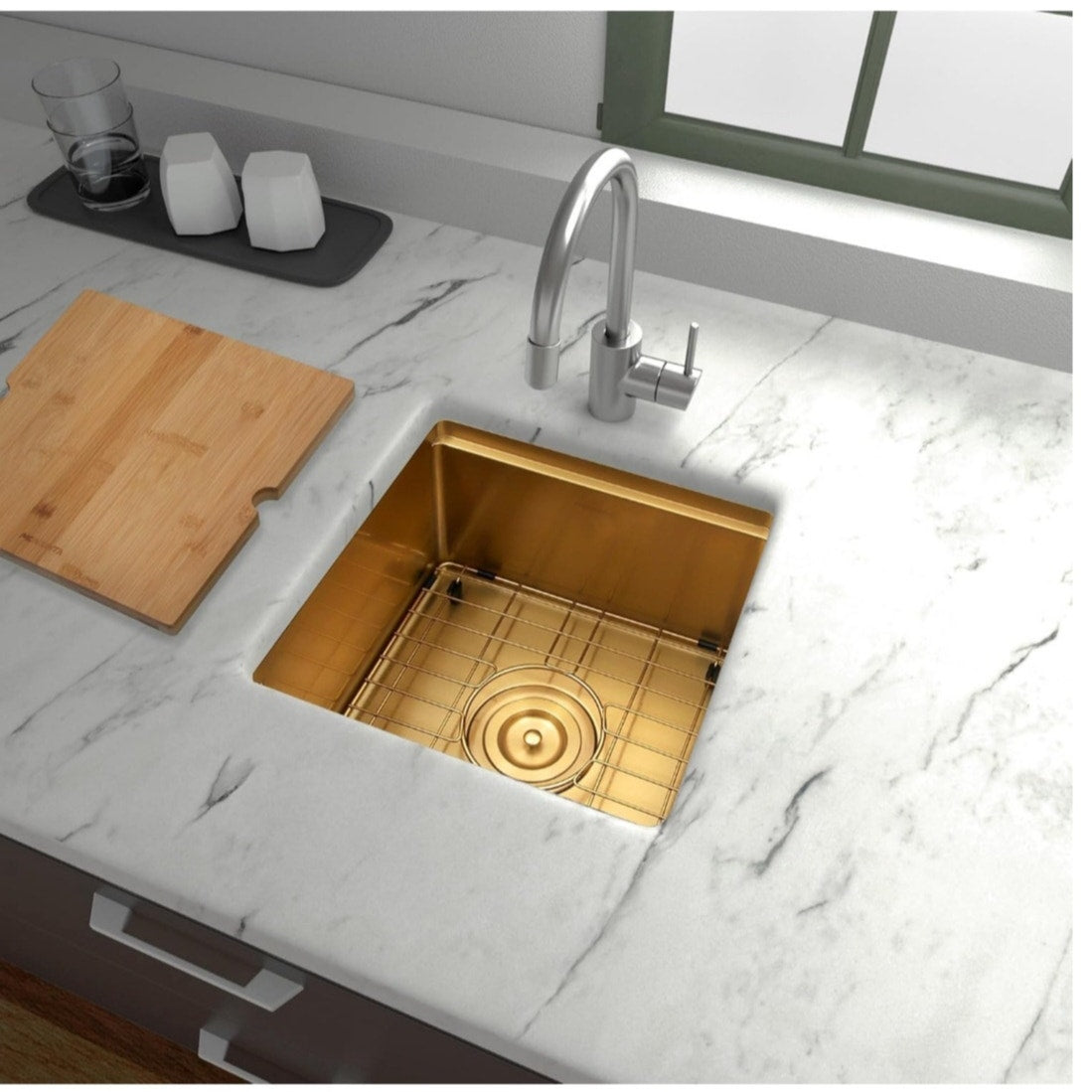 NEW Gold Bar Sink 15" Undermount w/ Cutting Board, Sink Grid, & Drain Assembly