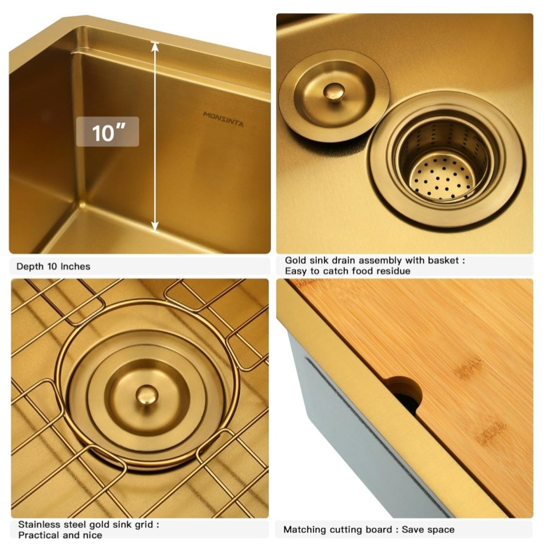 NEW Gold Bar Sink 15" Undermount w/ Cutting Board, Sink Grid, & Drain Assembly
