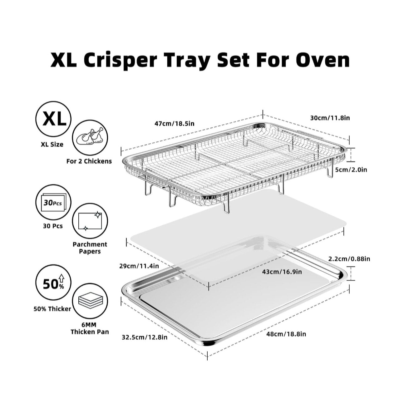 Air Fryer Basket w/ Crisper Tray Set for Oven & 30 Parchment Papers Stainless Steel