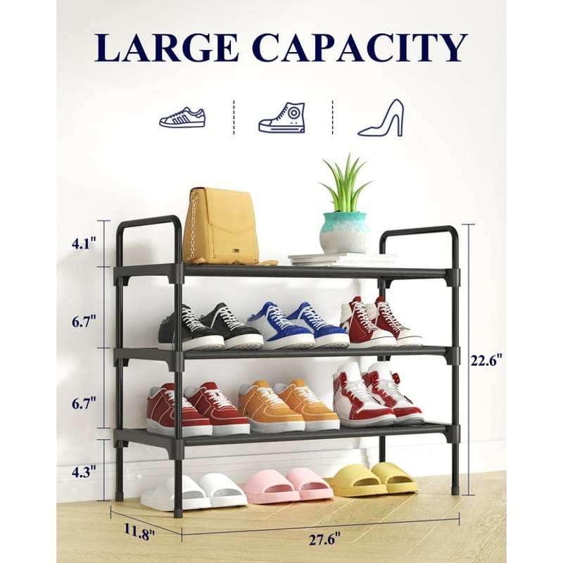 Kitsure 3-Tier Shoe Rack for Closet, Sturdy Shoe Organizer, 27.6" x 11.8" x 22.6", Black