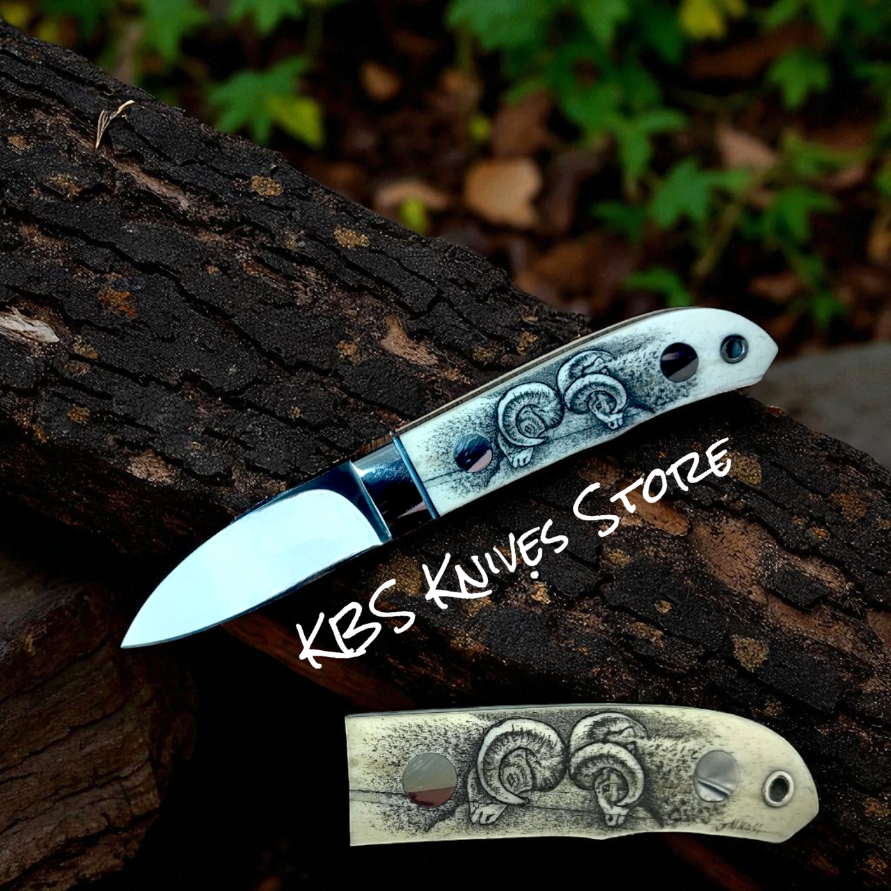 Hand-Engraved Scrimshaw EDC Knife – 6.1" D2 Steel with Camel Bone Handle & Leather Sheath