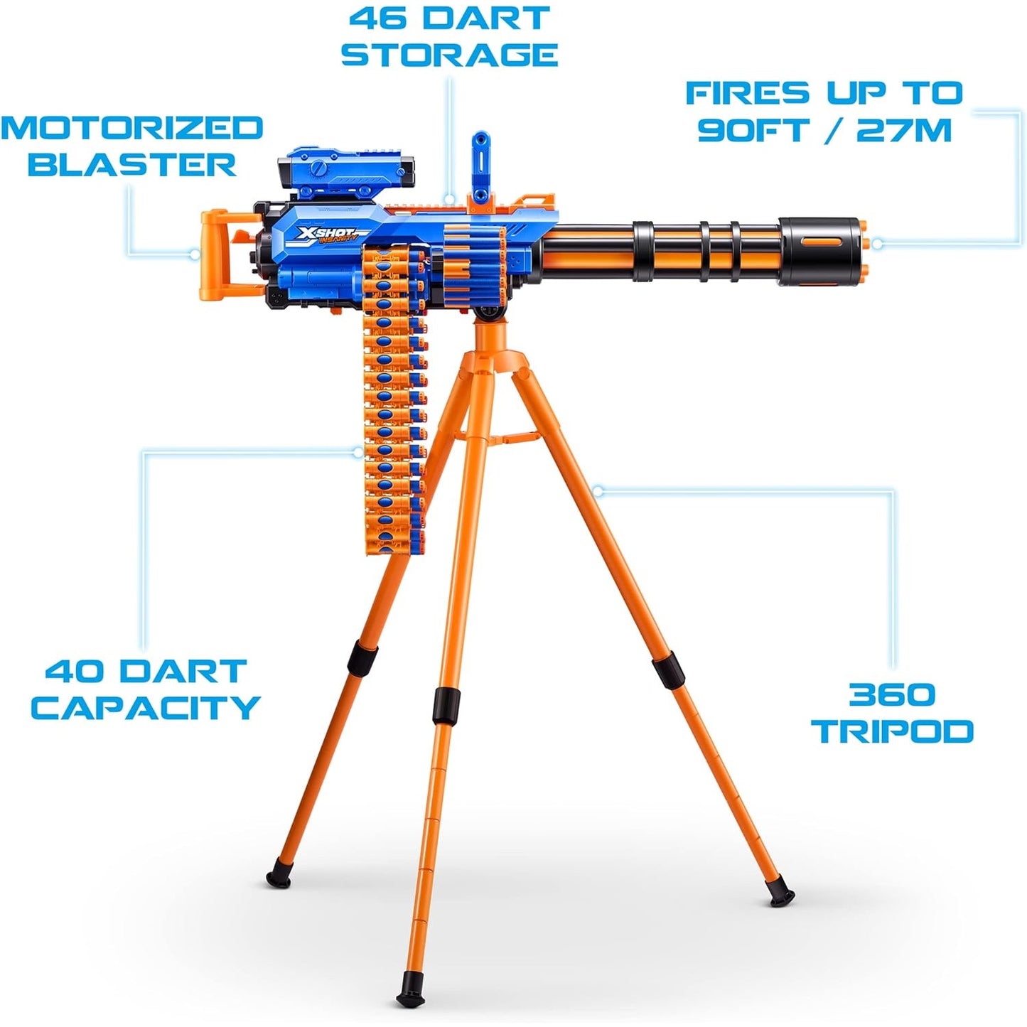 XSHOT Insanity Motorized 72 X-Shot Darts Storage Auto Feeding Belt Tripod Scope