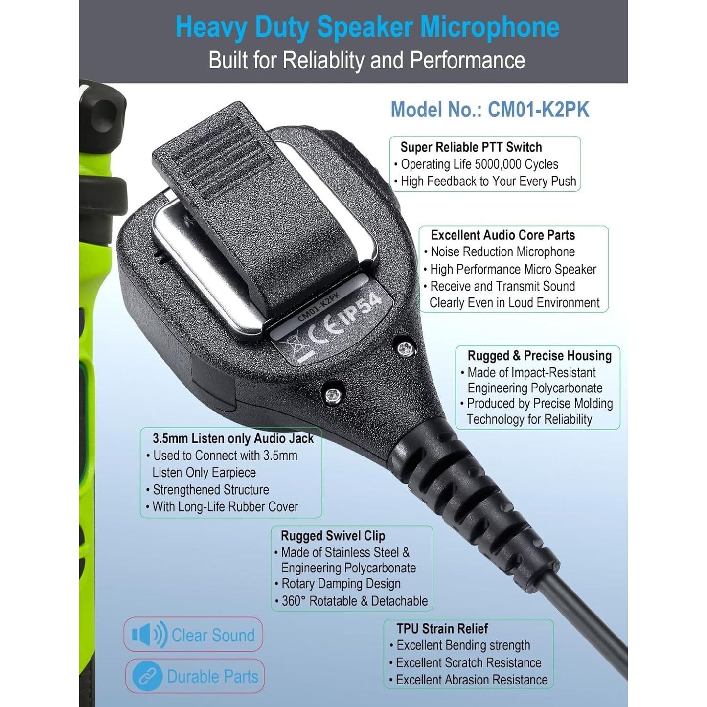 New Speaker Mic Compatible with Kenwood Radios 2 Pin Shoulder Microphone