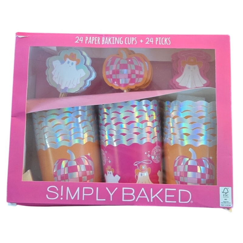 48pc Halloween Pink Cowboy Ghost Themed Cupcake Baking Cups & Picks Set NEW