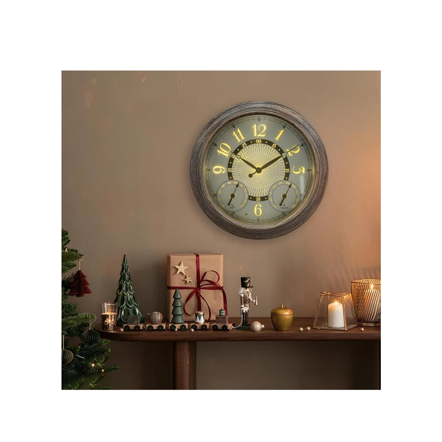 Illuminated Large Indoor Outdoor Wall Clock Waterproof w/ Auto Light Sensor Thermometer Hygrometer