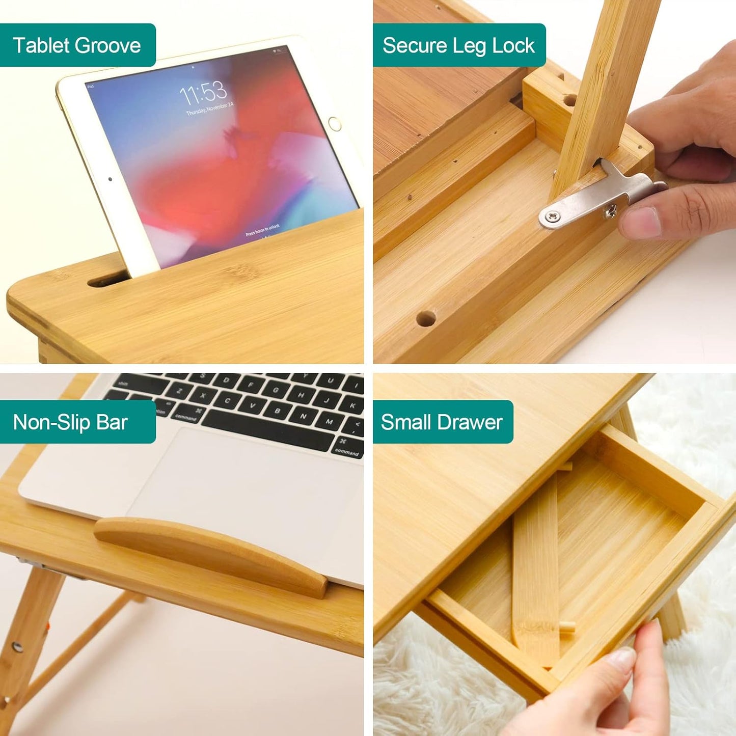 Bamboo Laptop Lap Desk Bed Tray Table Adjustable Angle & Height w/ Tablet Phone Slot Drawer