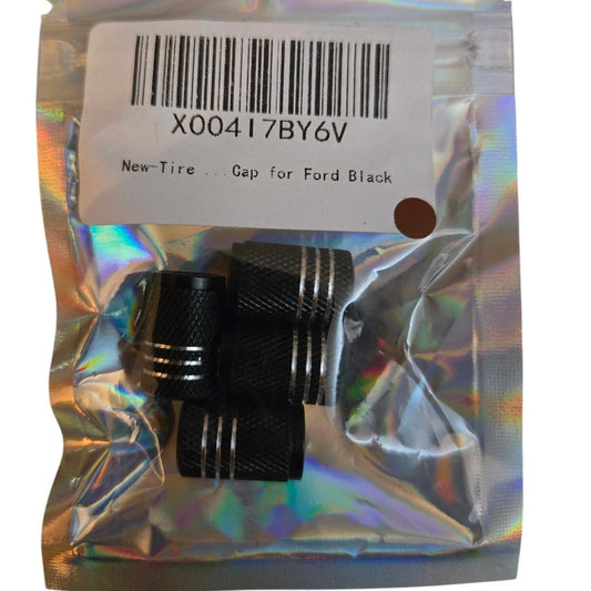 New Set of 4 Black Aluminum Ford Valve Stem Caps w/ Blue Emblem