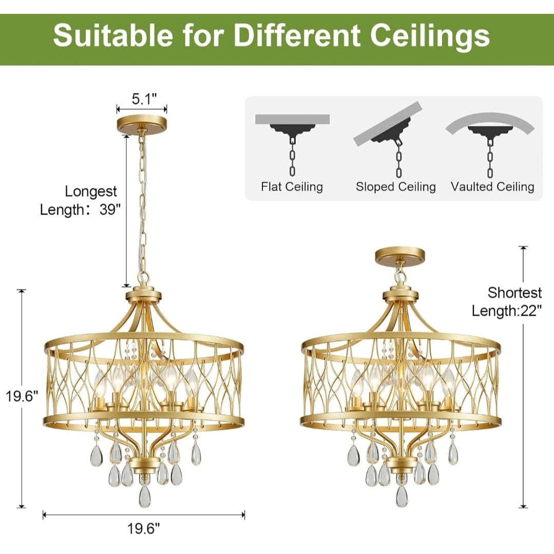 New 5-Light Gold Crystal Hanging Pendant Chandelier