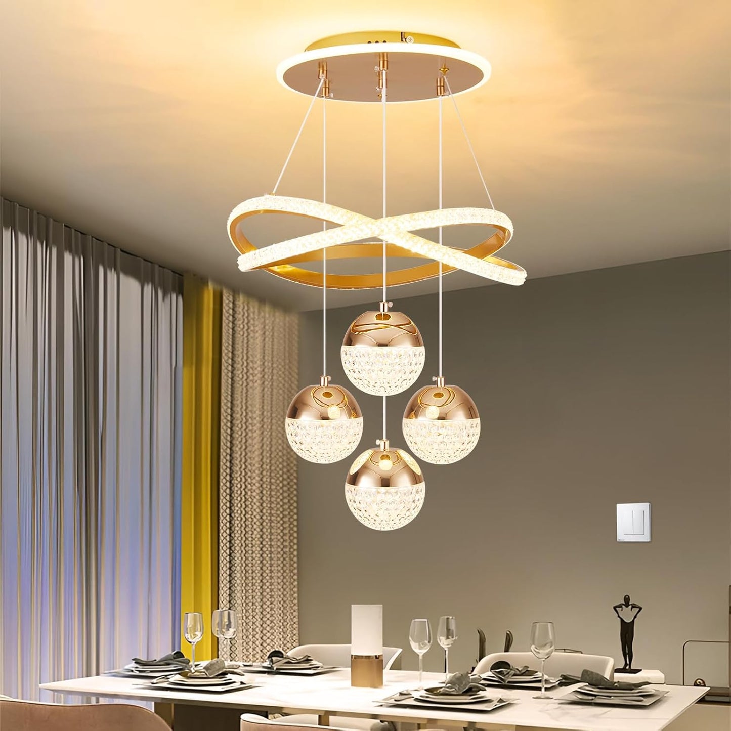 Gold LED Chandelier 3-Color Dimmable Hanging Pendant Ceiling Light Adjustable Height