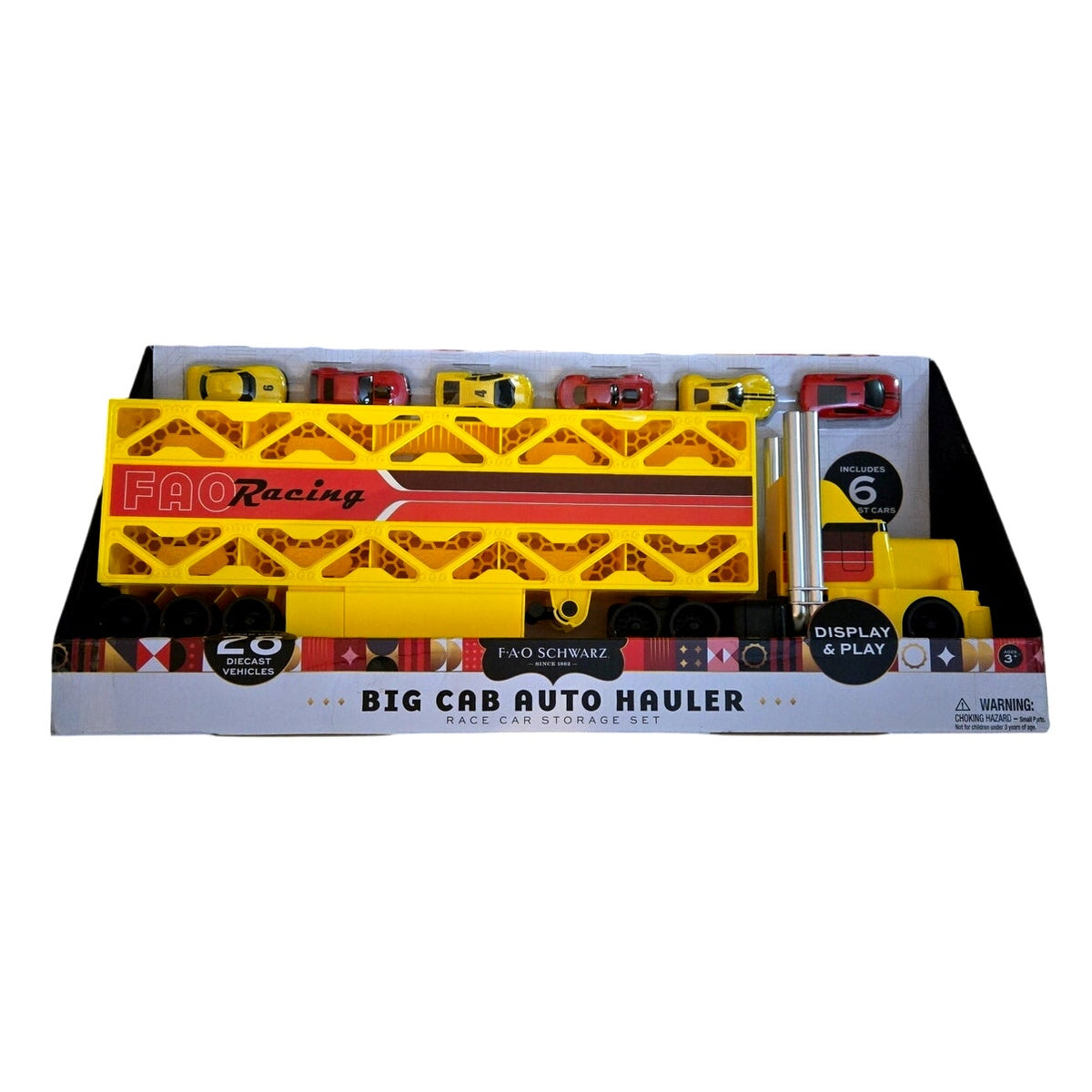 FAO Schwarz Big Cab Auto Hauler Semi-Truck with 6 Diecast Race Cars - Stores 28 Vehicles - New