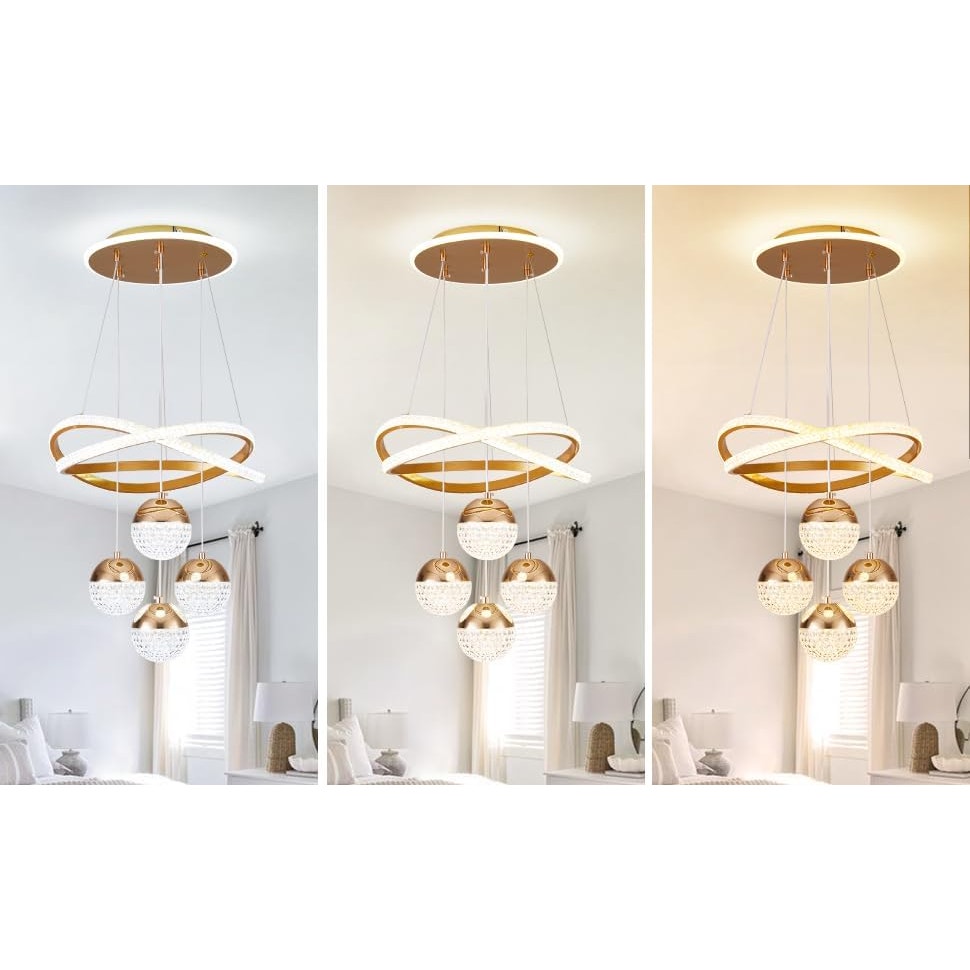 Gold LED Chandelier 3-Color Dimmable Hanging Pendant Ceiling Light Adjustable Height