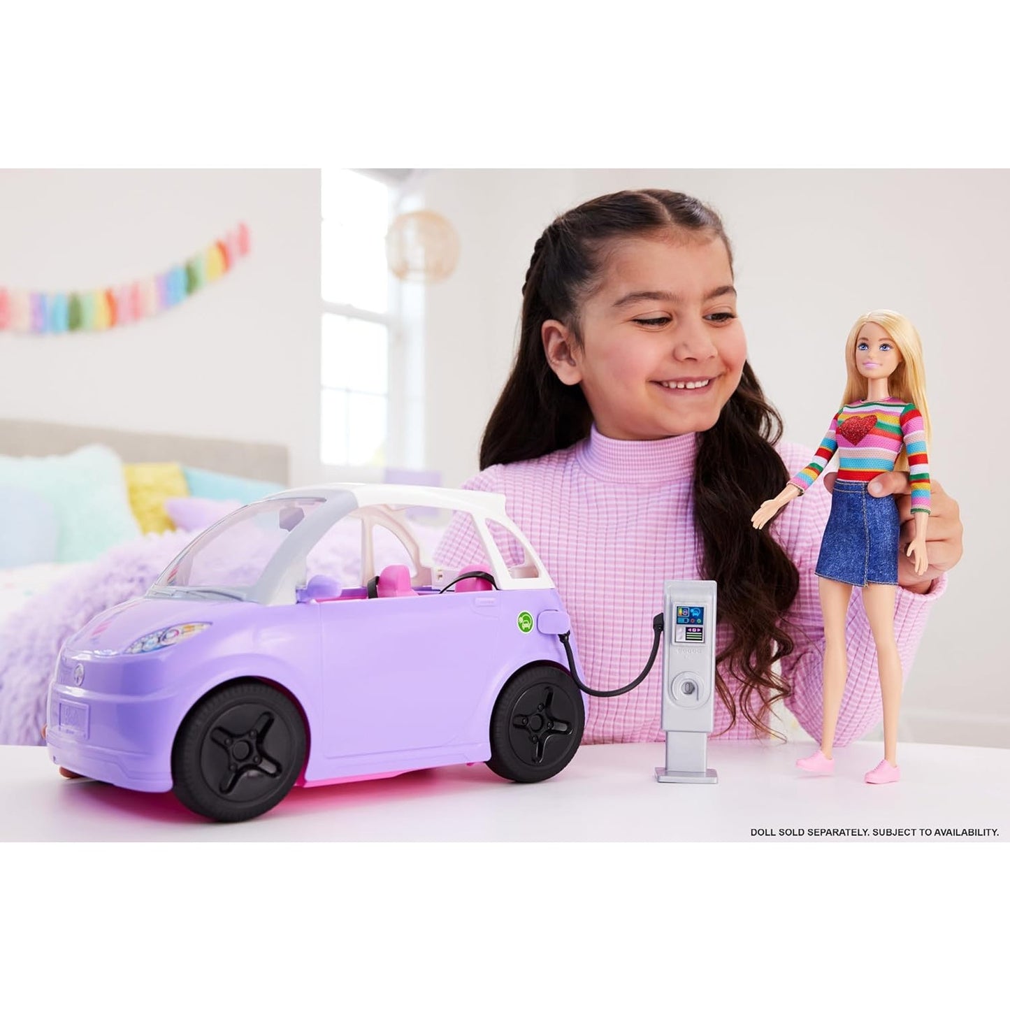 Barbie Car Electric Vehicle w/ Charging Station Plug & Sunroof 2-Seater Transforms into Convertible