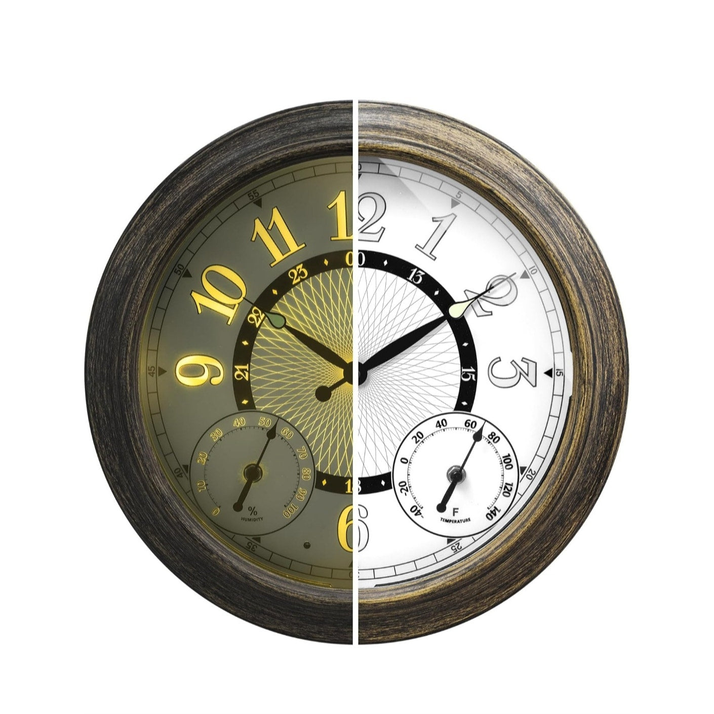 Illuminated Large Indoor Outdoor Wall Clock Waterproof w/ Auto Light Sensor Thermometer Hygrometer