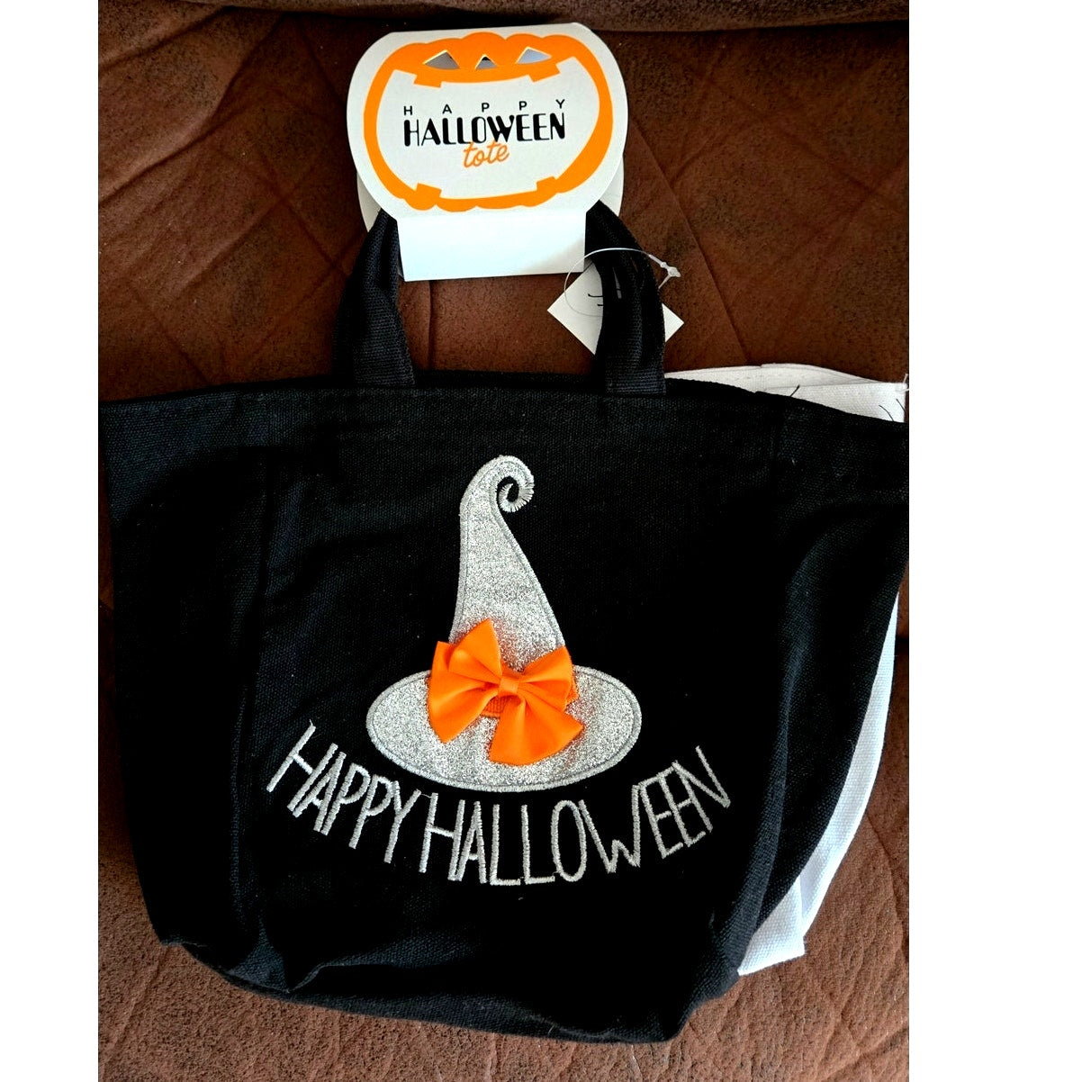 2 Happy Halloween Trick Or Treat Kids Fabric Tote Bag Spider Witch Hat Boy & Girl