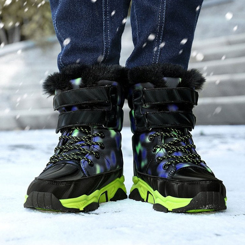 Kids Size 1.5 Snow Boots Waterproof Outdoor Anti-Slip Mid Calf Faux Fur Lining