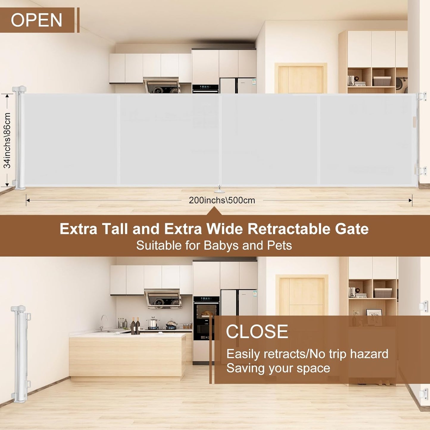 Retractable Baby / Pet Gate Extra Wide Reinforced 34" x 200" Indoor Outdoor 16FT Garage Gate