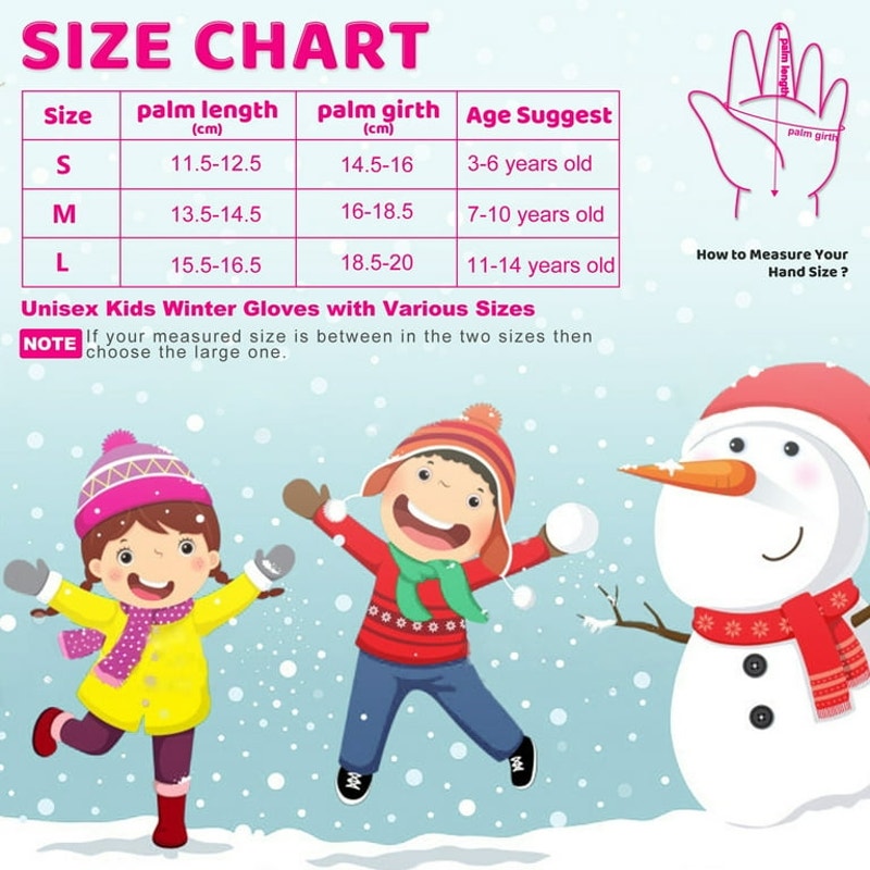 Kids Warm Gloves Winter Waterproof Size M 7-10 Years Old