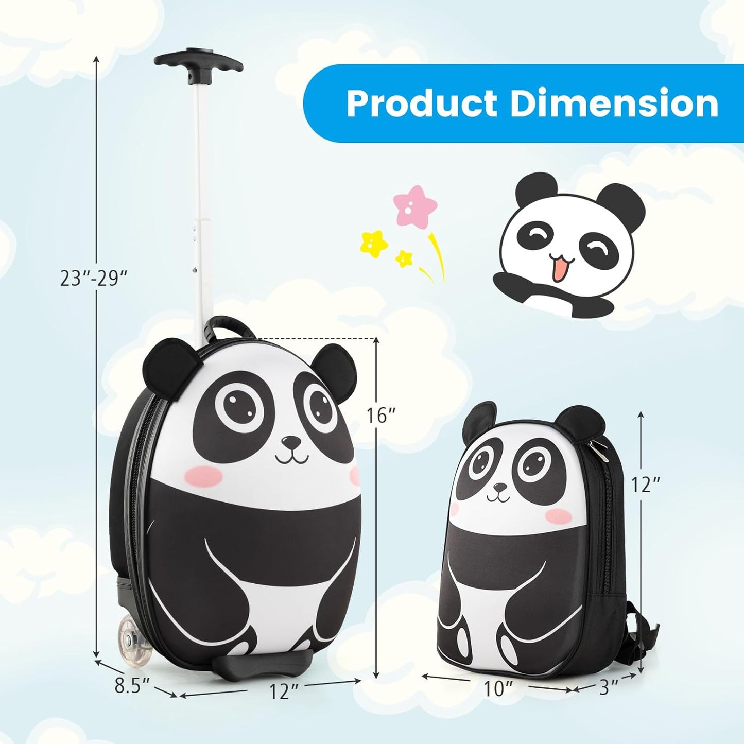 2 PC Kids Carry On Luggage Set 16" Rolling Wheel Suitcase & 12" Backpack Airline Approved Toddler