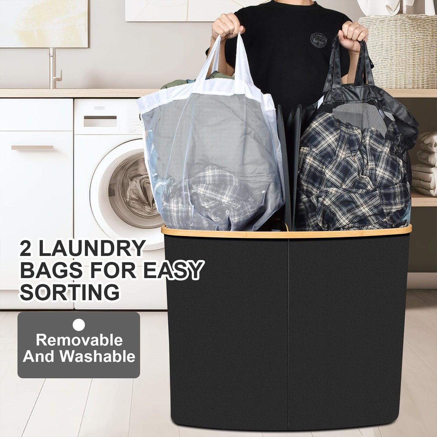 Large Laundry Hamper with Lid Collapsible Basket w/ Inner Bags 2 Section