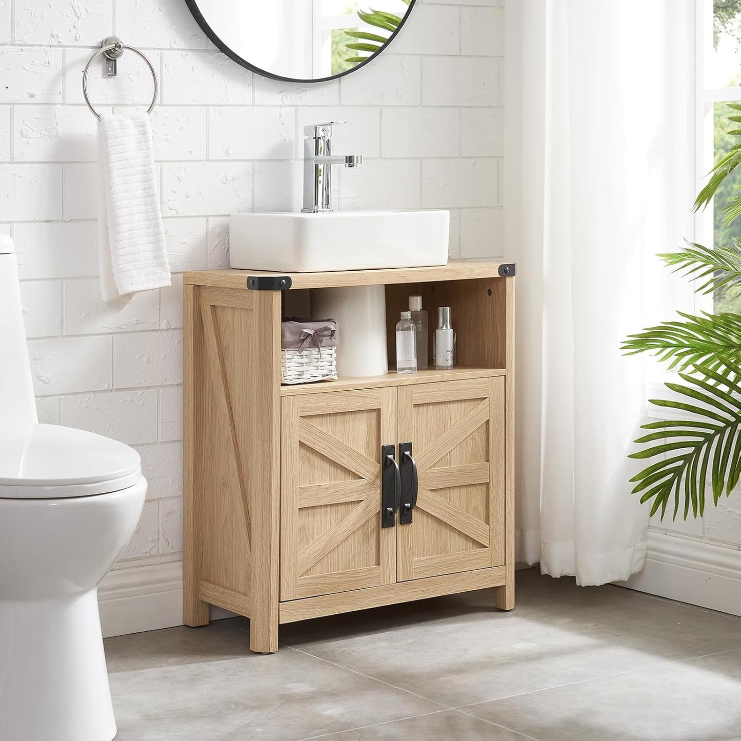 Bathroom Floor Cabinet Vanity Adjustable Shelf Barn Doors Farmhouse Natural Oak