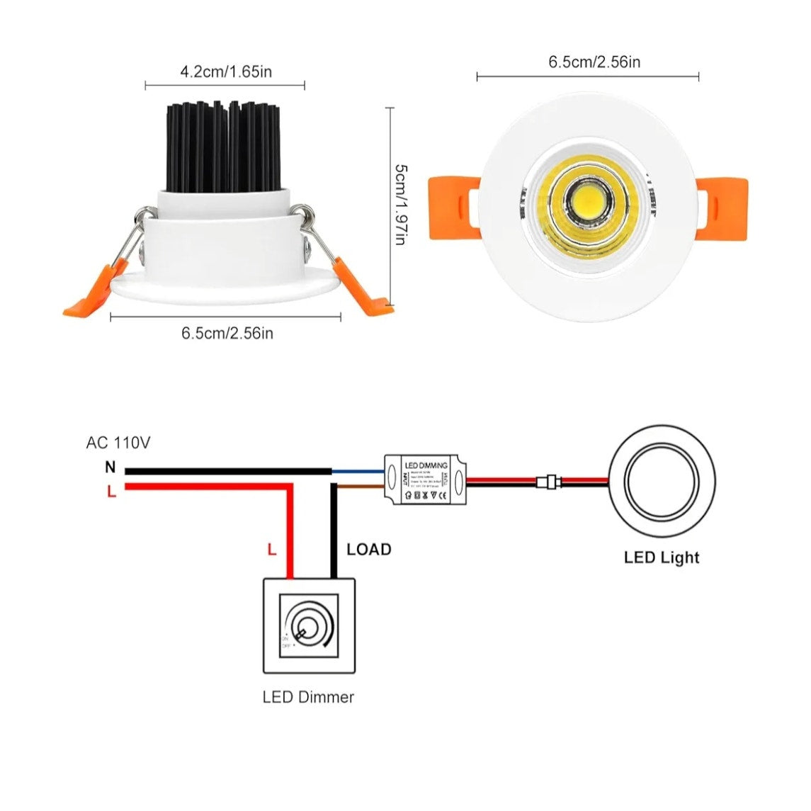 Set of Six, 2 Inch LED Downlight, 3W Recessed Lighting COB Dimmable.