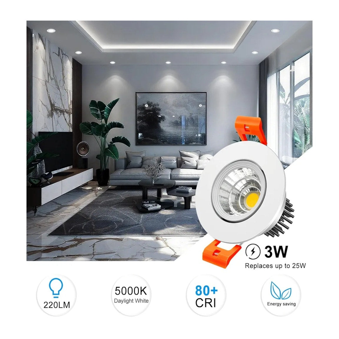 Set of Six, 2 Inch LED Downlight, 3W Recessed Lighting COB Dimmable.
