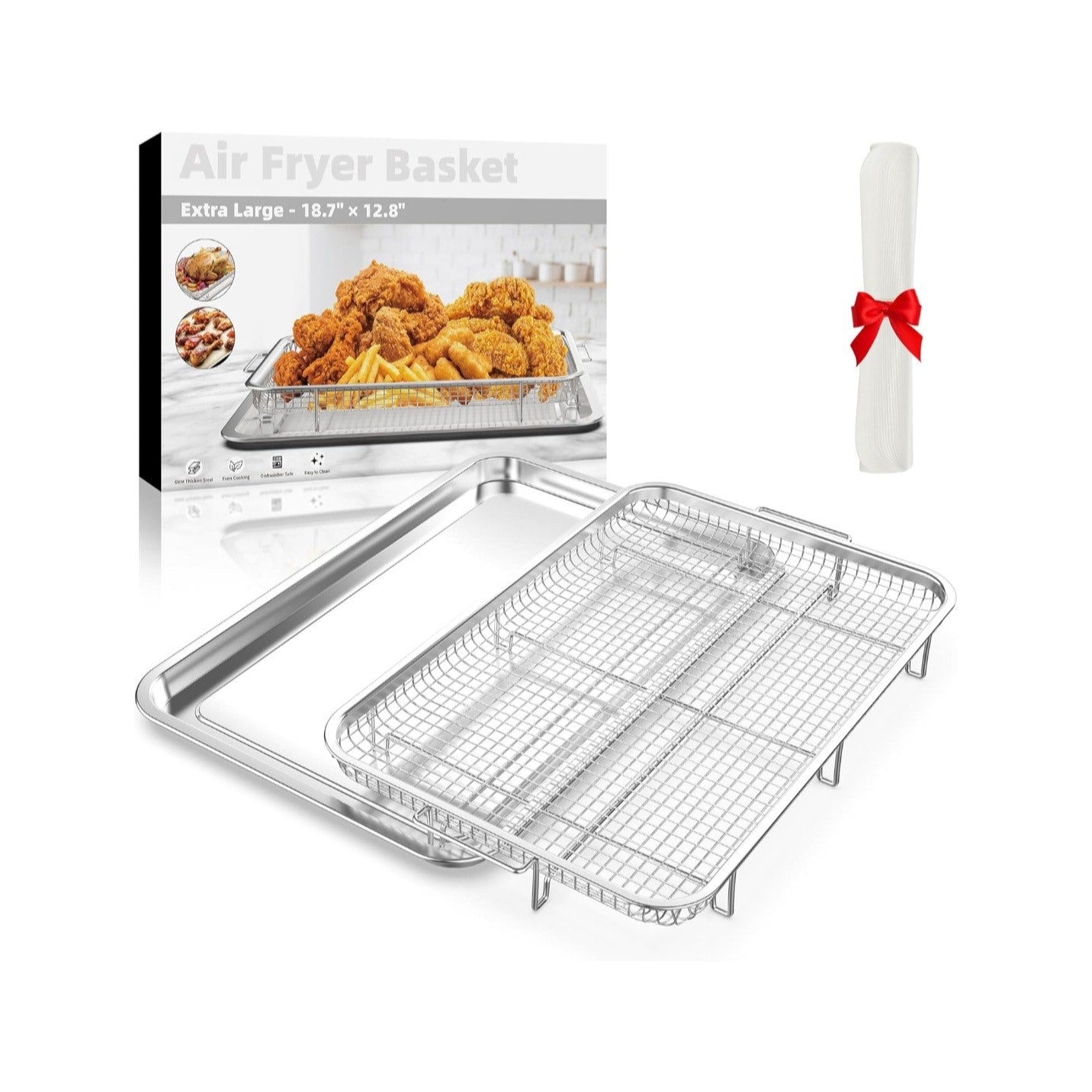 Air Fryer Basket w/ Crisper Tray Set for Oven & 30 Parchment Papers Stainless Steel