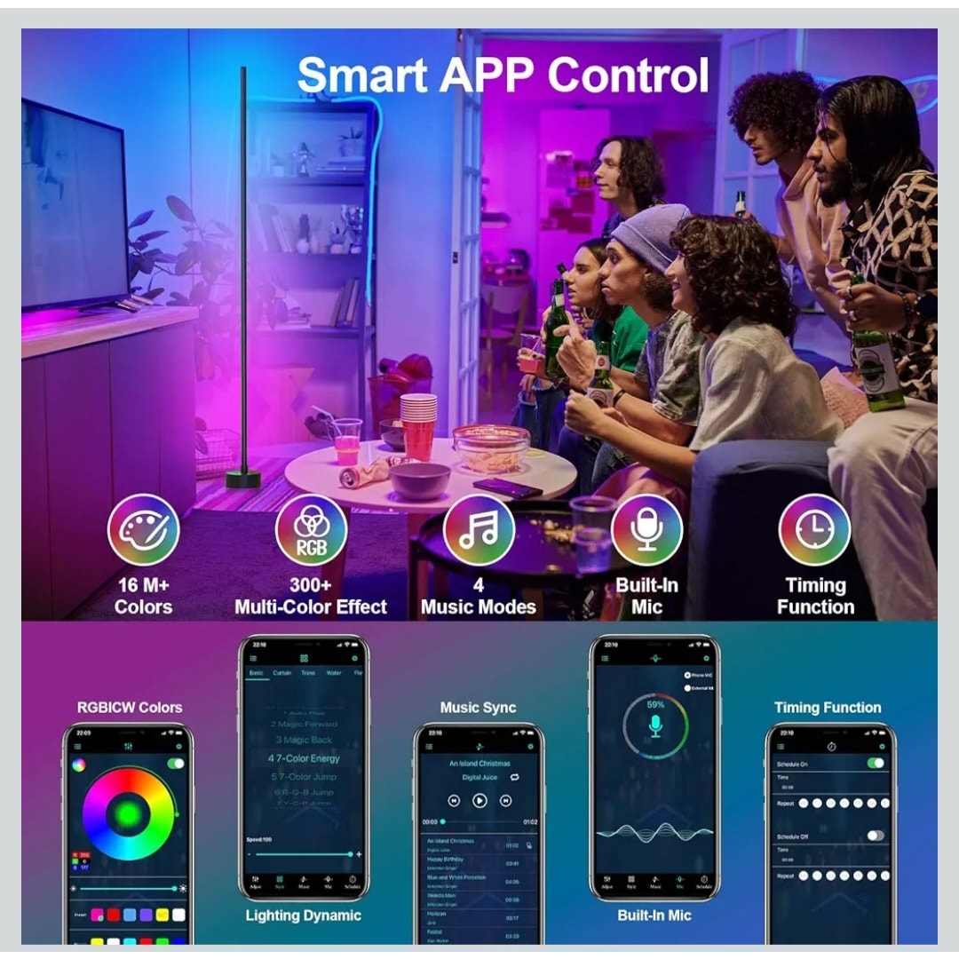 Set of 2 Smart Floor Lamp 2 Pack LED Color Changing Lamps Remote Bluetooth Timer