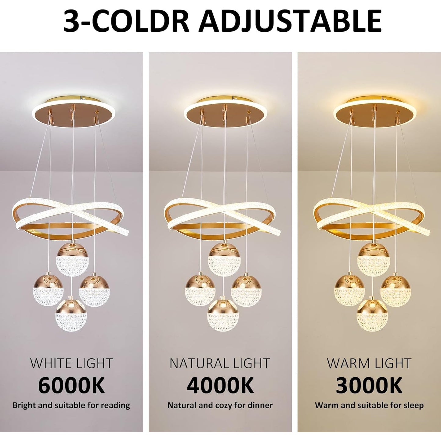 Gold LED Chandelier 3-Color Dimmable Hanging Pendant Ceiling Light Adjustable Height