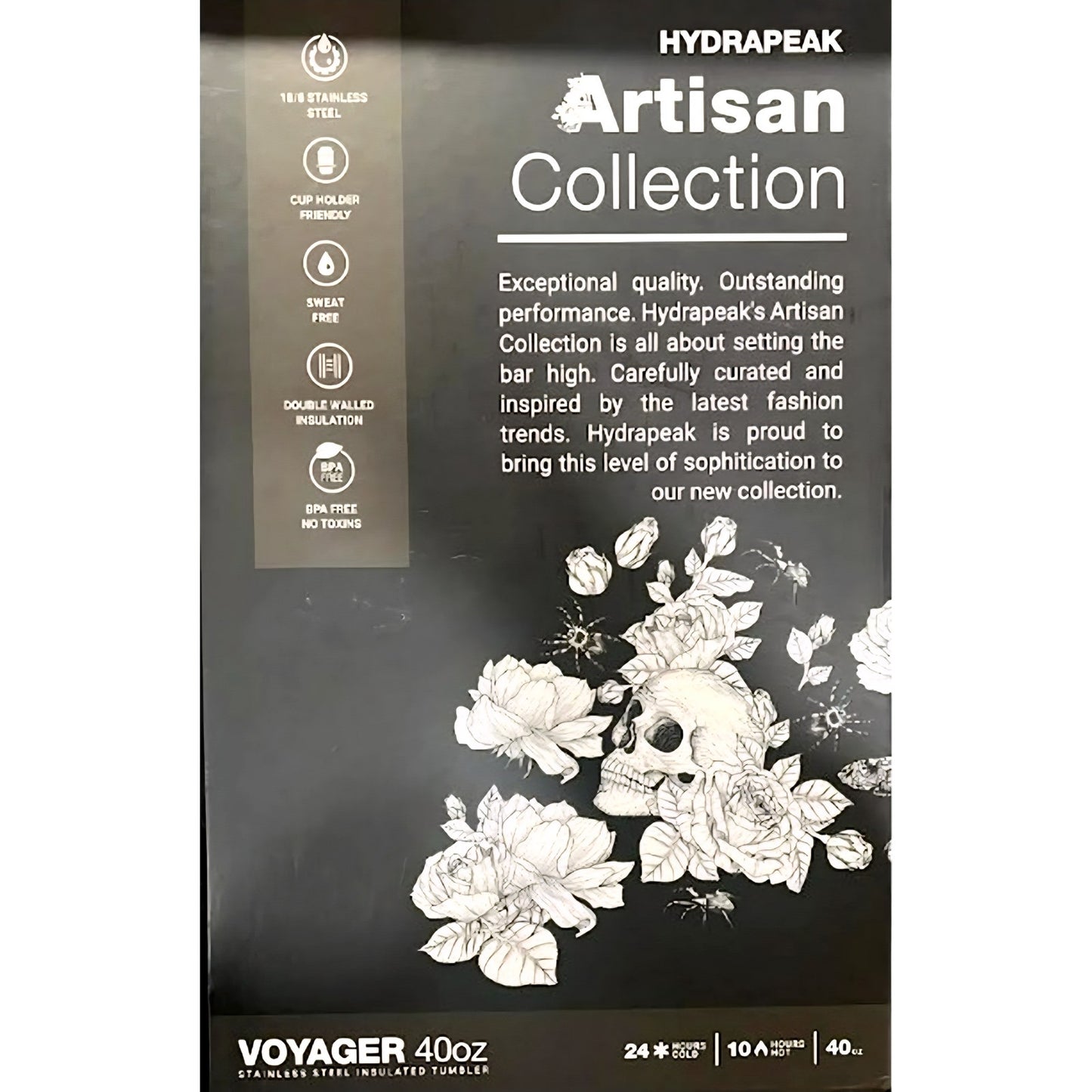 Hydrapeak Artisan Skulls & Flowers Voyager 40 oz Steel Tumbler Set Insulated