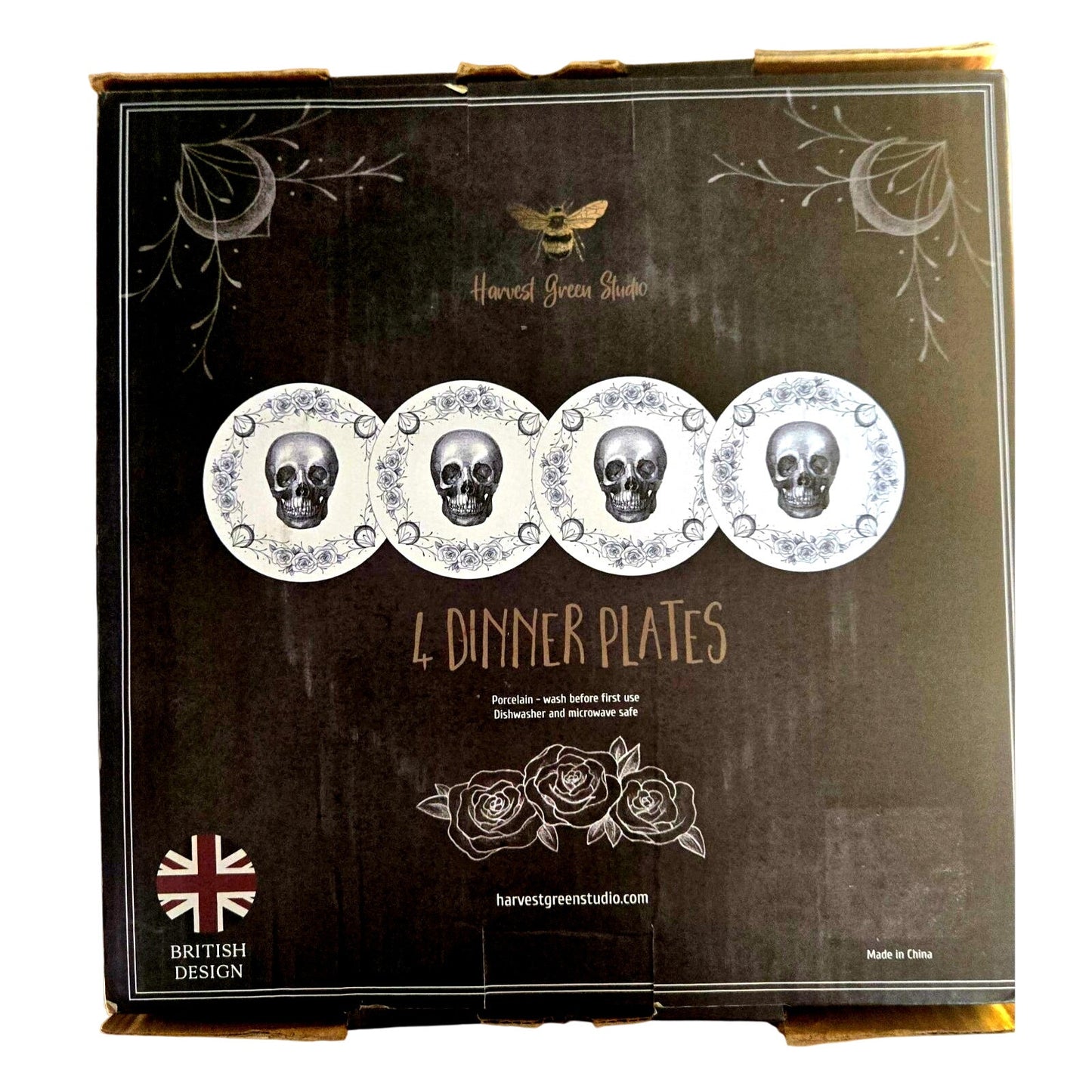 Harvest Green Studio Skull & Roses 10.5" Dinner Plates Set of 4 - Halloween - New