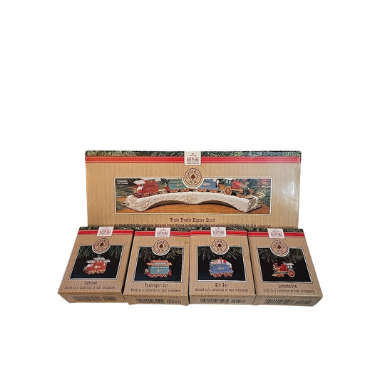 {HALLMARK CLAUS & CO TRAIN ORNAMENT 1991 Complete Set With Display Stand