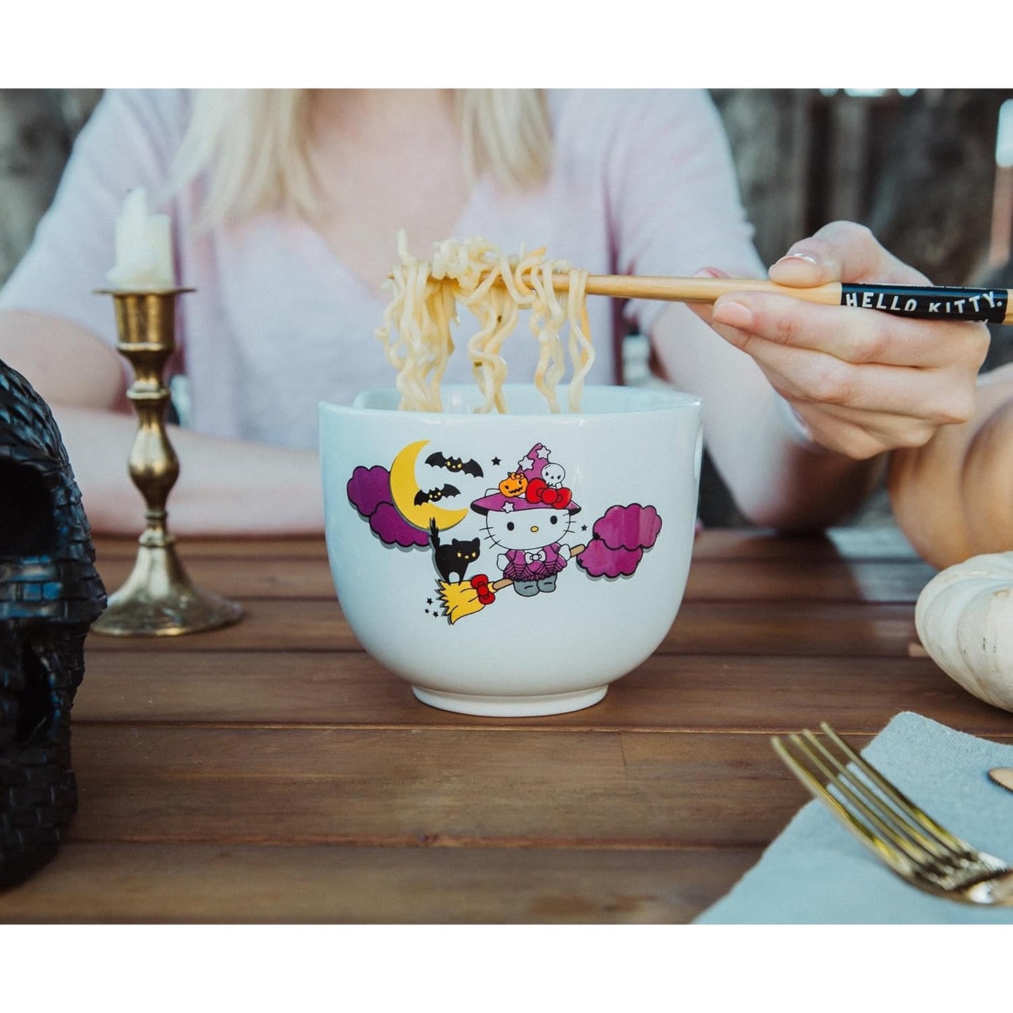 Sanrio Hello Kitty Halloween Spooky Witch Ceramic Ramen Noodle Rice Bowl w/ Chopsticks