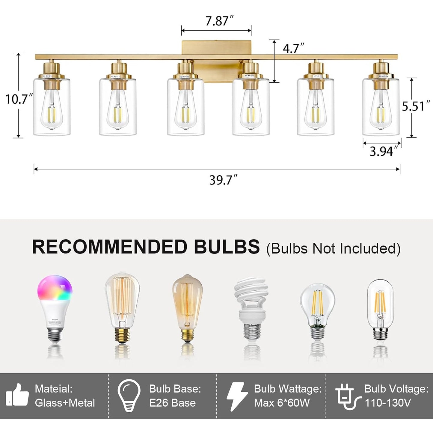 New 6 Light Gold Bathroom Light Fixture Brushed Brass Vanity Light Wall Lighting