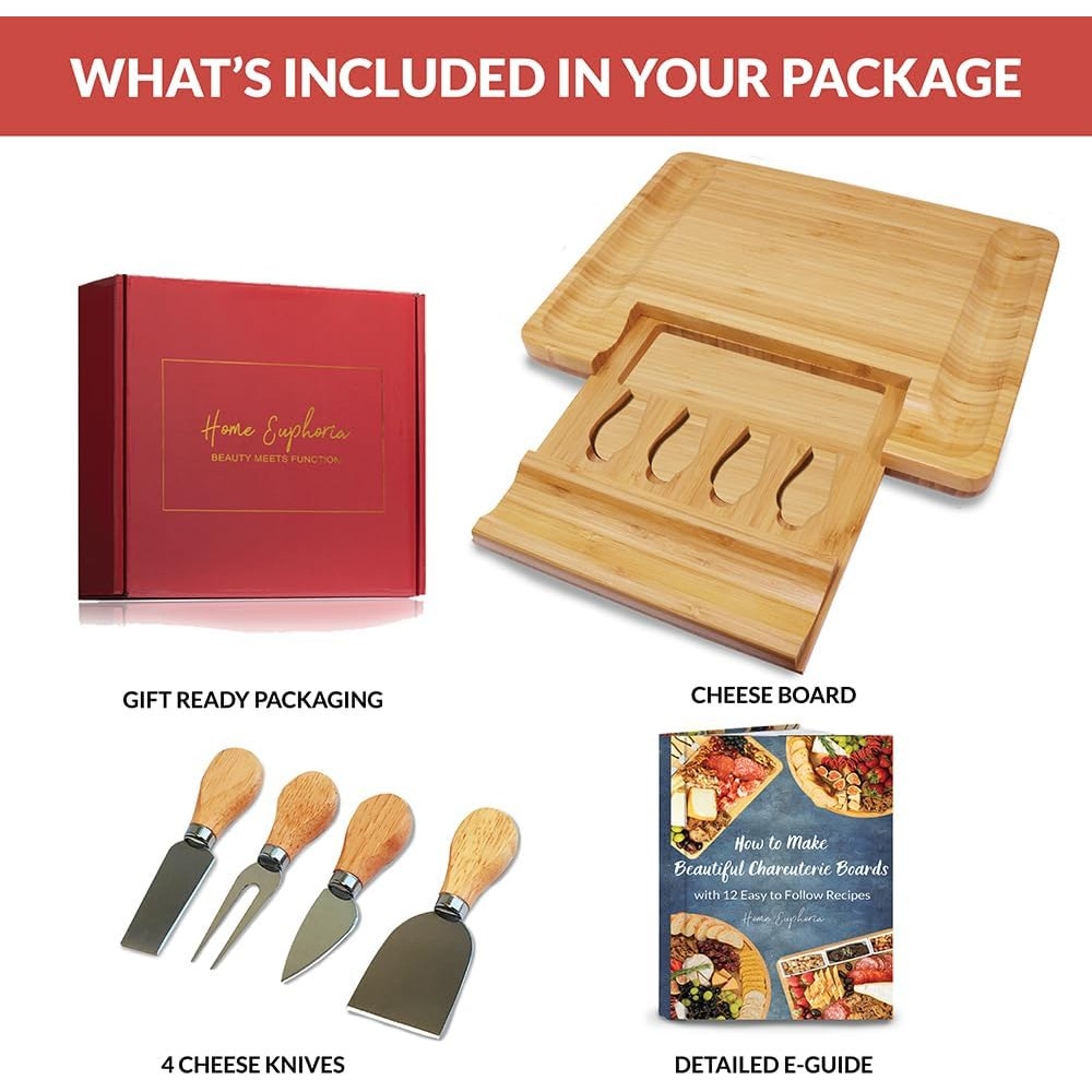 Bamboo Cheese Board & Knife Set Beautiful Charcuterie Board for Wine Cheese and Gifts