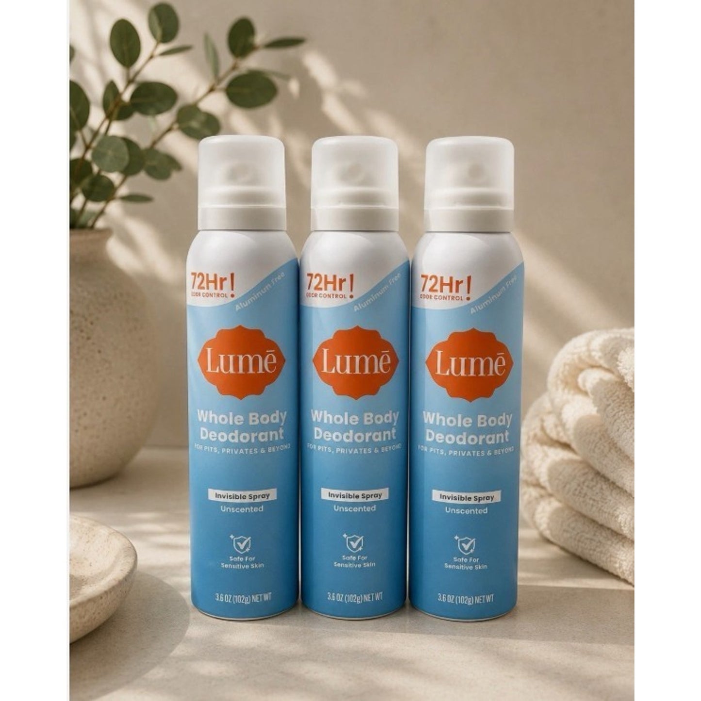 3 Pack: Lume Whole Body Deodorant UNSCENTED Invisible Spray Sensitive Skin 3.6oz