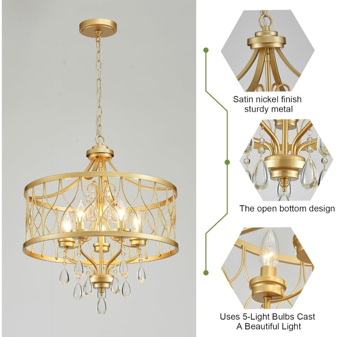New 5-Light Gold Crystal Hanging Pendant Chandelier