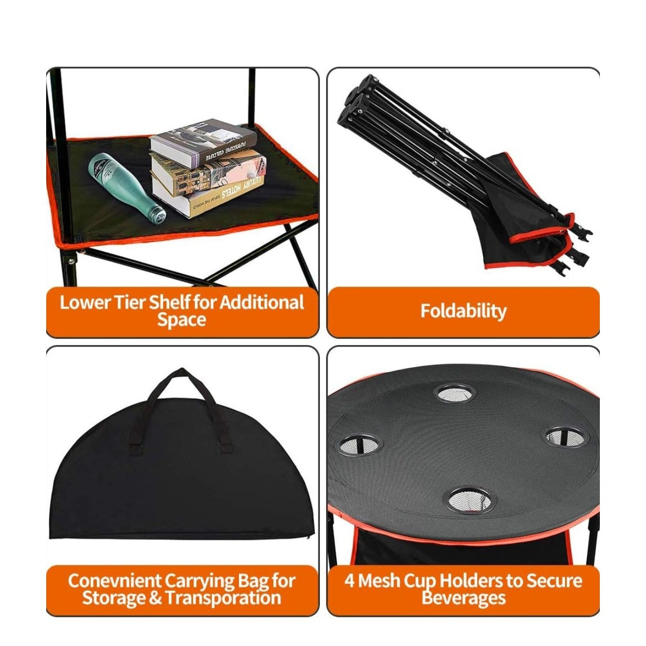 Camping Table Portable Folding Steel Frame w/ 4 Cup Holders & Carry Case