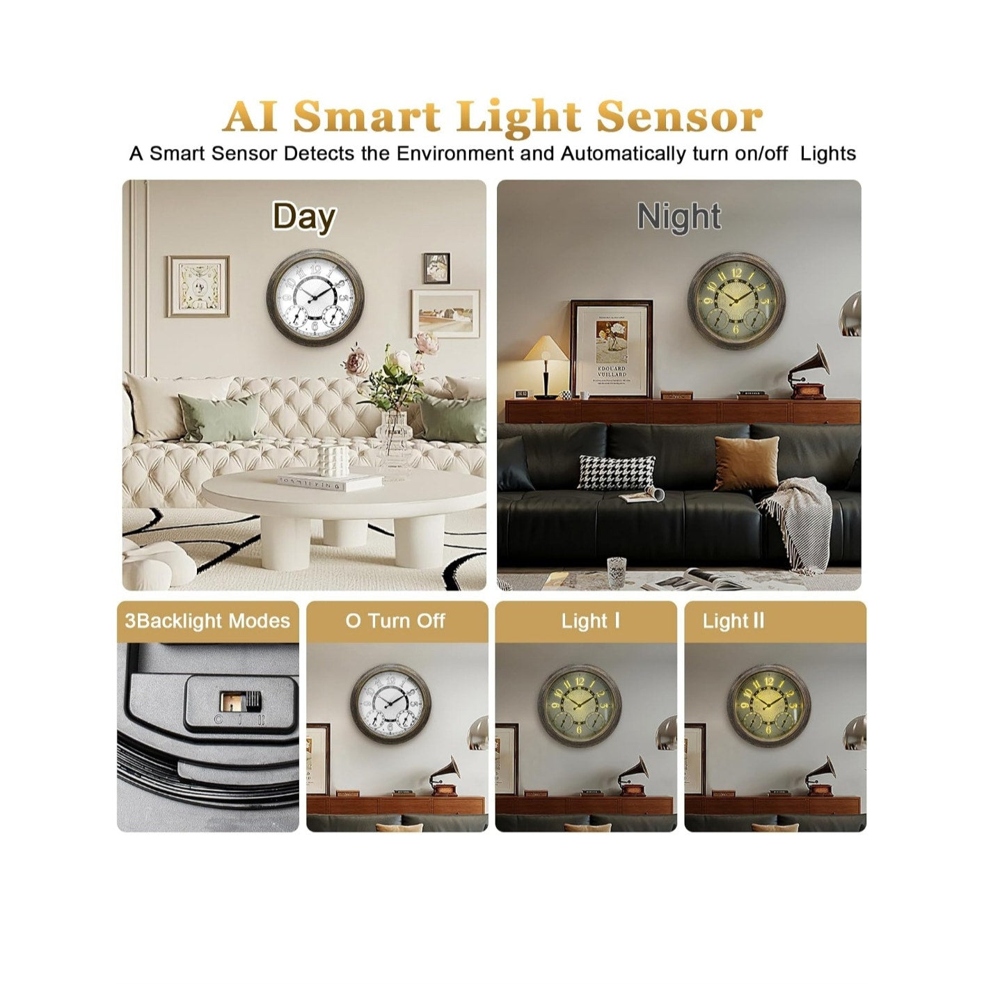 Illuminated Large Indoor Outdoor Wall Clock Waterproof w/ Auto Light Sensor Thermometer Hygrometer