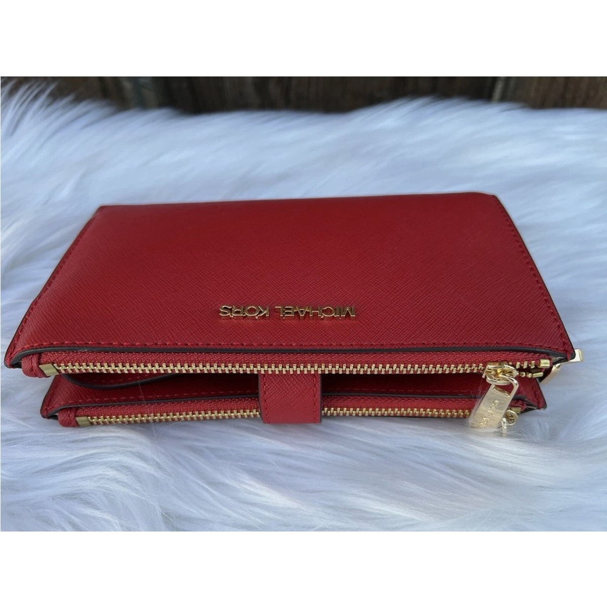 Michael Kors Jet Set Travel Leather Double Zip Wristlet Wallet - Red