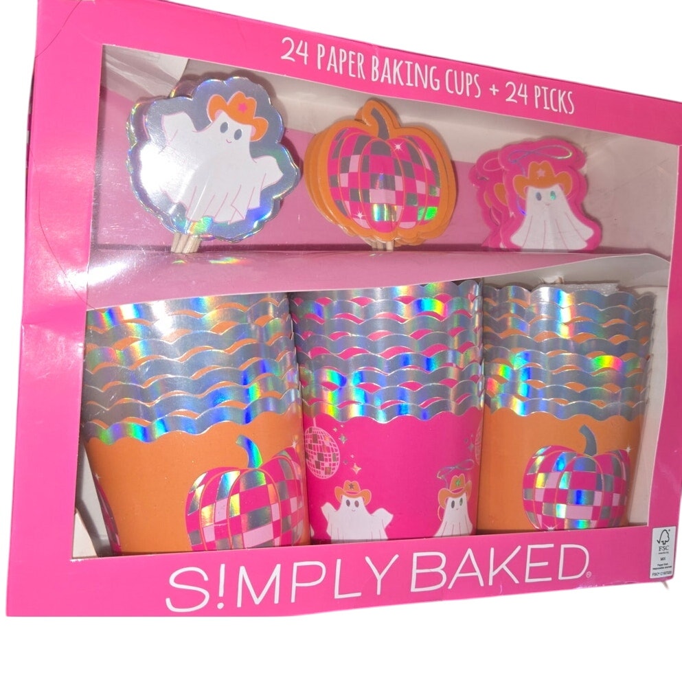 48pc Halloween Pink Cowboy Ghost Themed Cupcake Baking Cups & Picks Set NEW