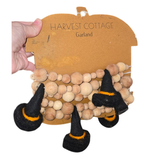 Harvest Cottage Black Witch Hat & Natural Wood Bead Garland 6 ft NEW Halloween