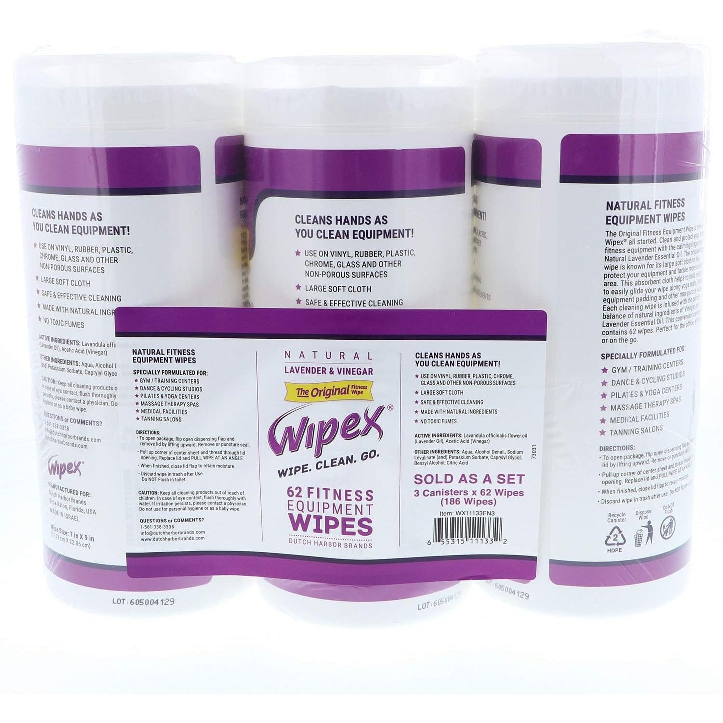 Wipex Natural Fitness Equipment Wipes Lavender & Vinegar 3 Cans of 50 Wipes