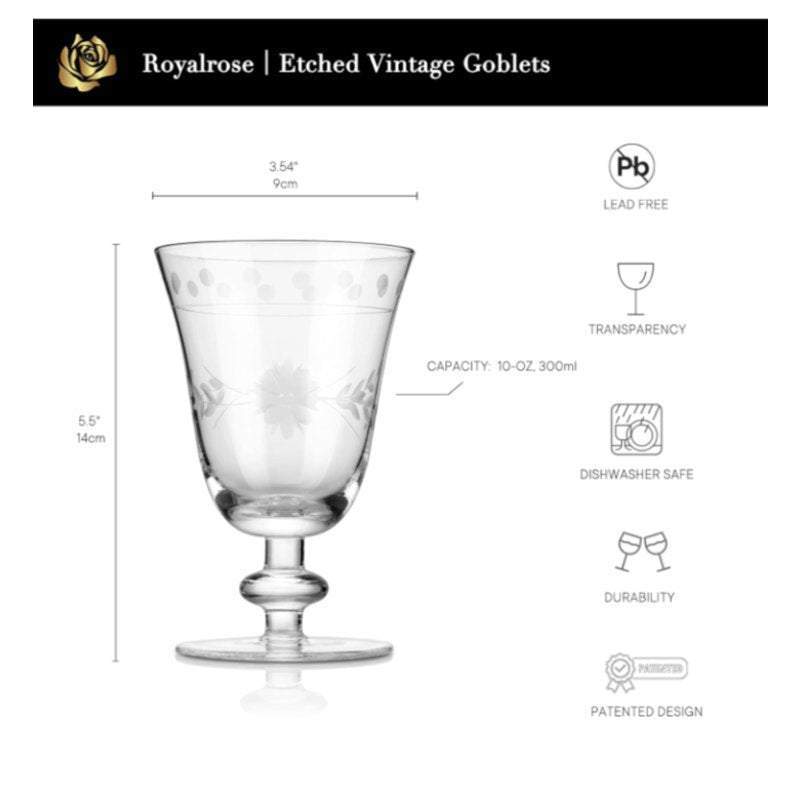 Royalrose Premium 10 oz Delight Vintage Wine Glasses Set of 4 – Hand-Blown
