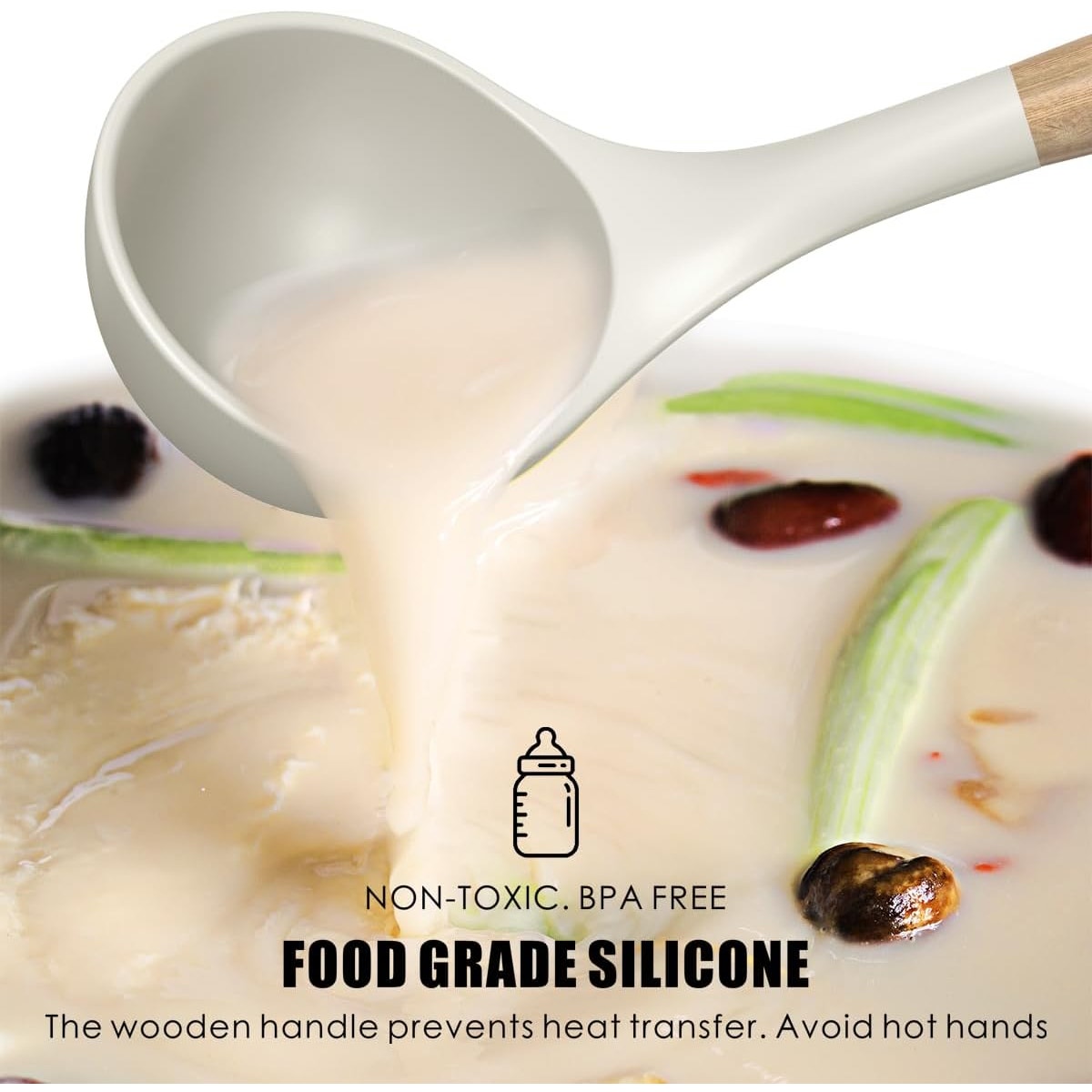 Silicone Kitchen Cooking Utensils Set Spoon Ladle Spatula Set w Wooden Handles Non-Stick Cookware