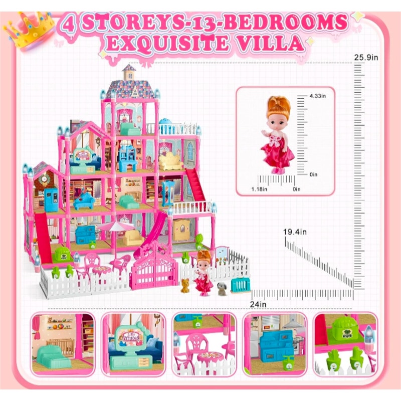 Dream Toy Doll House 4 Stories 13 Rooms Furnished w/ Lights