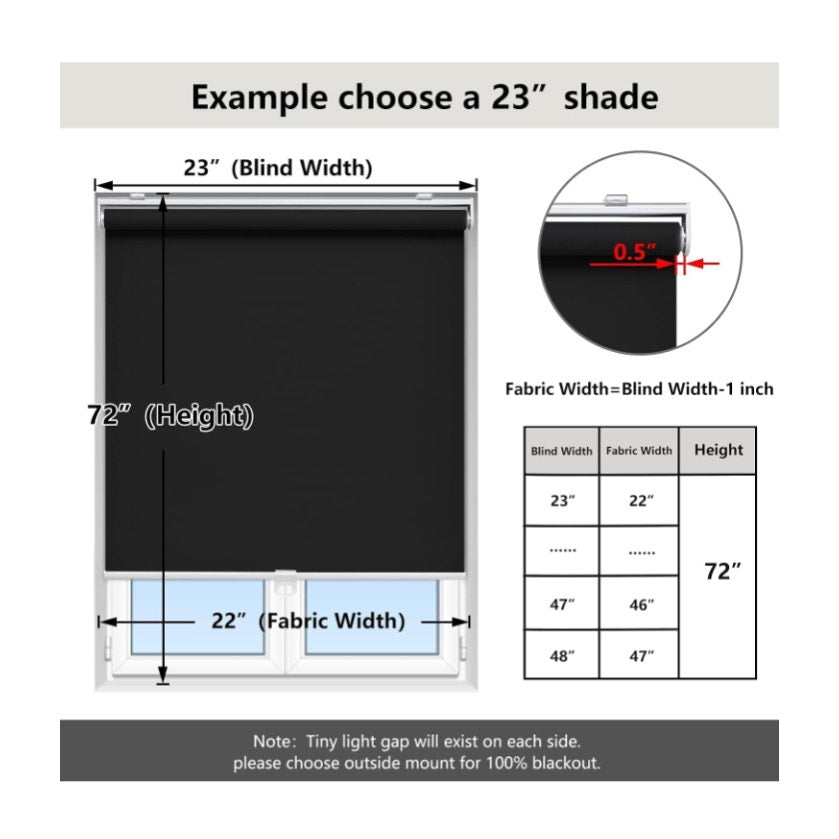 Blackout Cordless Roller Shade for Indoor Windows, 19"W x 72"H, Black