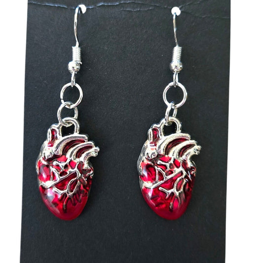 New Human Heart Earrings Silver & Red Made By Hand Great for Halloween