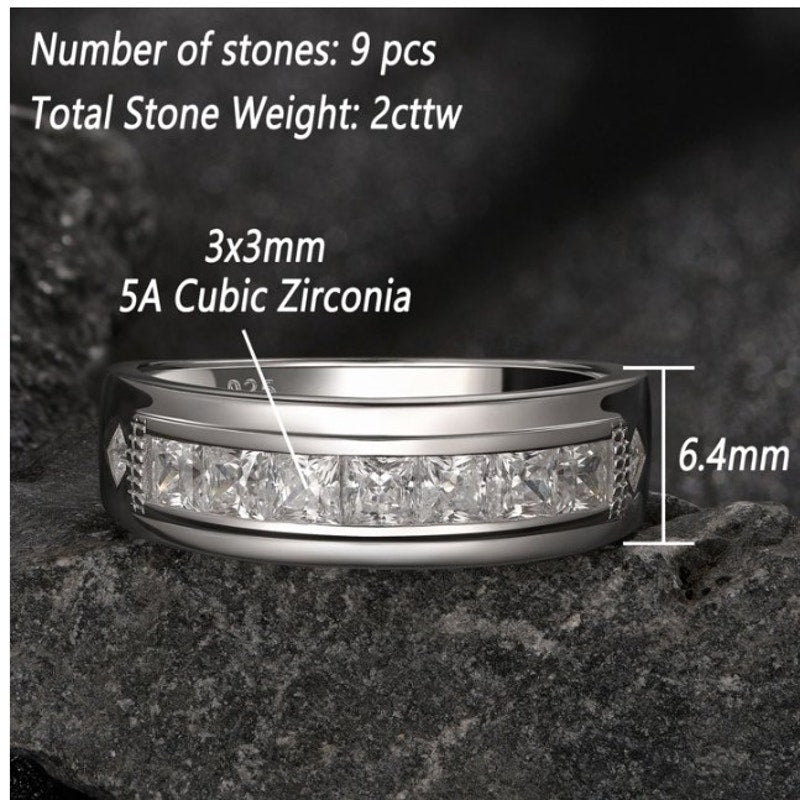 Mens Wedding Band Ring 2Ct Princess 5A Cubic Zirconia 925 Sterling Silver Size 13